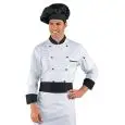 GIACCA CUOCO ROYAL CHEF - MOD. 059200 - 100% COTONE - STILE DOPPIOPETTO - BOTTONI ROTONDI NERI - TASCA SUL PETTO E SUL BRACCIO - COLORE BIANCO - COLLETTO,  POLSINI E TASCHINO SUL PETTO COLORE NERO
