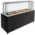 ESPOSITORE BUFFET CON PIANO NEUTRO IN AGGLOMERATO - MOD. VENEZIA SERVITO QNE - STRUTTURA IN LEGNO - TOP E PIANO IN AGGLOMERATO DI QUARZO AD ALTA PUREZZA - VETRINA IN CRISTALLO TEMPERATO INFRANGIBILE - NORMA CE