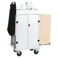CARRELLO PORTABIANCHERIA E PULIZIA - MOD. CA1530 - Struttura in lamiera verniciata - N. 3 ripiani intermedi regolabili - N. 2 portasacchi di cui 1 sacco in tessuto ignífugo - Vaschetta porta detersivi - Dim. cm L 80/153 x P 50 x h 158