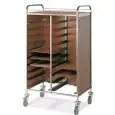 PORTAVASSOI - MOD. GN/EN - STRUTTURA IN TUBO QUADRO DI ACCIAIO INOX cm. 2X2 - GUIDE A "L" IN LAMIERA INOX - CAPACITA' VASSOI GN o EN - PANNELLI IN NOBILITATO SU TRE LATI - RUOTE PIROETTANTI ø cm. 12,5 - NORMA CE