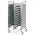 PORTAVASSOI - MOD. GN/EN ACCIAIO 3 LATI - STRUTTURA IN TUBO QUADRO DI ACCIAIO INOX cm. 2X2 - GUIDE A "L" IN LAMIERA INOX - CAPAGITA' VASSOI GN o EN - PANNELLI IN LAMIERA DI ACCIAIO INOX SU TRE LATI - RUOTE PIROETTANTI ø cm. 12,5 - NORMA CE