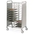 PORTAVASSOI - MOD. UNIV2INOX - STRUTTURA IN TUBO QUADRO DI ACCIAIO INOX cm. 2X2 - GUIDE IN FILO D'ACCIAIO CROMATO - DIMENSIONE MAX VASSOI cm 53x39 - PANNELLI LATERALI IN LAMIERA D'ACCIAIO INOX AISI 304 - RUOTE PIROETTANTI ø cm. 12,5 - NORMA CE