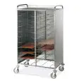 PORTAVASSOI - MOD. UNIV3INOX - STRUTTURA IN TUBO QUADRO DI ACCIAIO INOX cm. 2X2 - GUIDE IN FILO D'ACCIAIO CROMATO - DIMENSIONE MAX VASSOI cm 53x39 - PANNELLI IN LAMIERA D'ACCIAIO INOX AISI 304 SU TRE LATI - RUOTE PIROETTANTI ø cm. 12,5 - NORMA CE