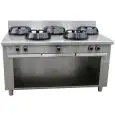 CUCINA CINESE A GAS 5 FUOCHI  - MOD. EE05 - Costruita esclusivamente su misura - Vano a giorno - Piano liscio - Potenza a gas a scelta tra kW 9,5/14/21 - Dimensioni: cm L 150 x P 100 x H 85 - Norma CE