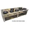 CUCINA CINESE A GAS 7 FUOCHI  - MOD. EE07 - Costruita esclusivamente su misura - Vano a giorno - Piano liscio - Potenza a gas a scelta tra kW 9,5/14/21 - Dimensioni: cm L 200 x P 100 x H 85 - Norma CE