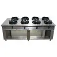 CUCINA CINESE A GAS 8 FUOCHI  - MOD. EE08 - Costruita esclusivamente su misura - Vano a giorno - Piano liscio - Potenza a gas a scelta tra kW 9,5/14/21 - Dimensioni: cm L 200 x P 100 x H 85 - Norma CE