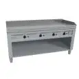 CUCINA TEPPANYAKI A GAS 4 FUOCHI  - MOD. VGO4180L - 4 zone cottura - Costruita esclusivamente su misura - Vano a giorno - Piastra di cottura al cromo duro lucido - Alzatina su 4 lati - Potenza a gas kW 23,2 (4x5,8 kW) - Dimensioni: cm L 180 x P 72 x H 85 