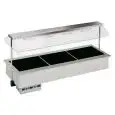 VASCA ESPOSITIVA DA INCASSO RISCALDATA CON PIASTRE IN VETROCERAMICA - MOD. SINFONIA HOT - PER GASTRONOMIA - CUPOLA CON SOLLEVAMENTO ELETTRICO - TEMPERATURA °C +30/+90 - ALIMENTAZIONE MONOFASE V 230/1/50 Hz - BACINELLE COMPATIBILI GN 1/4, 1/3, 1/2, 2/3, 1/