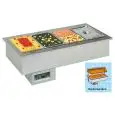 VASCA ESPOSITIVA DA INCASSO RISCALDATA BAGNOMARIA CON VASCHETTE GN - MOD. MELODIA 4 BM - PER GASTRONOMIA - TEMPERATURA °C +30/+90 - CUPOLA IN PLEXIGLASS E SCHIENALE A SPECCHIO - POTENZA TOTALE W 3550 - POTENZA LAMPADE RISCALDANTI W 3x300 - ALIMENTAZIONE M