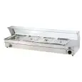 ESPOSITORE BAGNOMARIA DA BANCO - Mod. BM143 - Capacità vasca n. 4 GN 1/3  (cm L 32,5 x P 17,6 x 10h) - Con rubinetto - Controllo digitale temperatura max +90°C - Alimentazione monofase - Potenza W 1000 - Dimensioni cm L 86,2 x P 36,5 x 33h - Peso kg 16 - 
