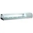 ESPOSITORE VETRINA REFRIGERATA DA TAVOLO PER SUSHI - Mod. RTS 132 SUSHI - Temperatura +0/+12 °C - Capacità lt 132 - Capacità bacinelle n. 5 GN 1/2 - Potenza kW 0,16 - Alimentazione monofase - Dimensioni cm L 180 x P 43 x 30h - Norma CE