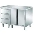Tavolo armadiato inox con ante a battente - cassettiera tre cassetti - piano top spessore cm 4