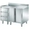 Tavolo armadiato inox con ante a battente - cassettiera tre cassetti - piano top spessore cm 4 - con alzatina