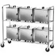 CARRELLO PORTA CASSETTE SCALDAPIATTI - MOD. CPC600 - Struttura in tubo di acciaio inox da cm 25x25 - Guide per contenere n. 6 cassette termiche con relative prese elettriche - Dim. cm L 155 x P 61 x 132h