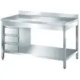 Tavolo da lavoro inox - gambe quadre 4x4cm - con cassettiera 3 cassetti - piano top spessore cm 4 - con alzatina