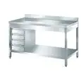 Tavolo da lavoro inox - gambe quadre 4x4cm - con cassettiera 4 cassetti - piano top spessore cm 4 - con alzatina
