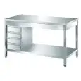 Tavolo da lavoro inox - gambe quadre 4x4cm - con cassettiera 4 cassetti - piano top spessore cm 4