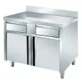 Tavoli armadiati inox con ante battenti - cassetti sotto top - piano top spessore cm 4 - con alzatina