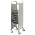 PORTAVASSOI - MOD. UNIV2INOX 10/12 - STRUTTURA IN TUBO QUADRO DI ACCIAIO INOX cm. 2X2 - GUIDE IN FILO D'ACCIAIO CROMATO - DIMENSIONE MAX VASSOI cm 53x39 - PANNELLI LATERALI IN LAMIERA D'ACCIAIO INOX AISI 304 - RUOTE PIROETTANTI ø cm. 12,5 - NORMA CE