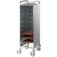 PORTAVASSOI - MOD. UNIV3INOX 10/12 - STRUTTURA IN TUBO QUADRO DI ACCIAIO INOX cm. 2X2 - GUIDE IN FILO D'ACCIAIO CROMATO - DIMENSIONE MAX VASSOI cm 53x39 - PANNELLI IN LAMIERA D'ACCIAIO INOX AISI 304 SU TRE LATI - RUOTE PIROETTANTI ø cm. 12,5 - NORMA CE
