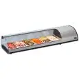 ESPOSITORE DA BANCO VETRINA REFRIGERATA - SERIE TAPASGN - STRUTTURA IN ACCIAIO INOX - BACINELLE GN 1/3 - Temp. °C +3/+5 - MONOFASE - STATICA - VETRO CURVO APRIBILE - ILLUMINAZIONE - MOTORE A BORDO