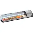 ESPOSITORE DA BANCO VETRINA REFRIGERATA - SERIE TAPASGN2 - STRUTTURA IN ACCIAIO INOX - BACINELLE GN 1/3 - Temp. °C +3/+5 - RIPIANO SUPERIORE - MONOFASE - STATICA - VETRO CURVO APRIBILE - ILLUMINAZIONE - MOTORE INCORPORATO