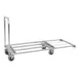 CARRELLO A PIANALE ESTENDIBILE - MOD. 1899 - STRUTTURA IN TUBOLARE QUADRATO INOX cm 2,5X2,5 - PARACOLPI IN GOMMA GRIGIA AGLI ANGOLI - RUOTE ø cm 12,5 - 2 FISSE E 2 PIROETTANTI CON FRENO - PORTATA MASSIMA 200 KG - DIM. cm L 110 X P 60 X H 26/88