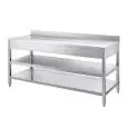 Tavolo da lavoro inox - gambe quadre 4x4cm - con due ripiani inferiori - piano top spessore cm 4 - con alzatina