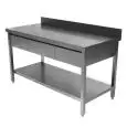 Tavolo da lavoro inox - gambe quadre 4x4cm - con ripiano inferiore - con cassetti sotto top - piano spessore cm 4 - con alzatina