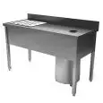 Tavolo da lavoro inox - Preparazione carne e pesce - piano top spessore cm 4 - Completi di pattumiera carrellata da Lt. 50 con coperchio - Vasche a sinistra cm 8 H - con alzatina