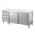 Tavolo armadiato inox con ante scorrevoli - cassettiera tre cassetti - piano top spessore cm 4