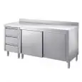 Tavolo armadiato inox con ante scorrevoli  - cassettiera tre cassetti - piano top spessore cm 4 - con alzatina