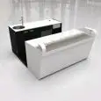 BANCO BAR E RETROBANCO - MOD. START UP L2000 H1150 - CON BANCALINA IN VETRO - N. 2 CELLE CON REFRIGERAZIONE VENTILATA - ALIMENTAZIONE V 230/50Hz MONOFASE - CON UNITA' CONDENSATRICE INCORPORATA - POSTAZIONE PER MACCHINA CAFFE' - LAVELLO CON MISCELATORE MON