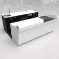 BANCO BAR E RETROBANCO - MOD. START UP L2500/SX H1150 - CON VASCA REFRIGERATA PER L'ESPOSIZIONE DI FOOD & BEVERAGE A SINISTRA - N. 1 BANCALINA IN VETRO TRASPARENTE DI PROTEZIONE PER VASCA REFRIGERATA - N. 1 BANCALINA IN VETRO NERA - N. 3 CELLE CON REFRIGE