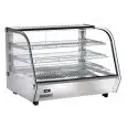 ESPOSITORE DA BANCO VETRINA RISCALDATA SNACK IN ACCIAIO INOX E METALLO - VETRO CURVO - Mod. AK160EC - Temperatura +30°/+90°C - Capacità Lt. 160 - Alimentazione MONOFASE V230 50/60 HZ - Potenza W 1500 - Dimensioni cm L 86 x P 57 x h 67