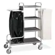 CARRELLO PORTABIANCHERIA - MOD. 4415T - STRUTTURA IN TUBO QUADRO DI ACCIAIO INOX - N.4 PIANI IN NOBILITATO - COLORE ROVERE TABACCO - N.1 REGGISACCO PIEGHEVOLE CON SACCO PORTABIANCHERIA - N.1 REGGISACCO CON COPERCHIO PER SACCO IMMONDIZIA E PANNELLO SEPARAZ
