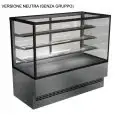 VETRINA NEUTRA (NON REFRIGERATA) PER PASTICCERIA - MOD. EVOK_VT INOX - IN ACCIAIO INOX - PORTE SCORREVOLI POSTERIORI IN VETROCAMERA TEMPRATA - VETROCAMERE PANORAMICHE SU 5 LATI - N. 3 MENSOLE IN VETRO CON ILLUMINAZIONE - NORMA CE - PROFONDITA' PIANO ESPOS