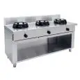 CUCINA CINESE A GAS 3 FUOCHI  - MOD. EE03 - Costruita esclusivamente su misura - Vano a giorno - Piano liscio - Potenza a gas a scelta tra kW 9,5/14/21 - Dimensioni: cm L 150 x P 50 x H 85 - Norma CE