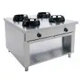 CUCINA CINESE A GAS 4 FUOCHI CON COMANDI PASSANTI - MOD. EE042C - Costruita esclusivamente su misura - Vano a giorno - Piano liscio - Potenza a gas a scelta tra kW 9,5/14/21 - Dimensioni: cm L 100 x P 110 x H 85 - Norma CE