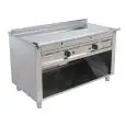 CUCINA TEPPANYAKI A GAS 2 FUOCHI  - MOD. VGP2100L - 2 zone cottura - Costruita esclusivamente su misura - Vano a giorno - Piastra di cottura al cromo duro lucido - Canalina perimetrale - Potenza a gas kW 11,6 (2x5,8 kW) - Dimensioni: cm L 100 x P 72 x H 8