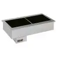 VASCA ESPOSITIVA DA INCASSO RISCALDATA CON PIASTRE IN VETROCERAMICA - MOD. ARMONIA HOT - PER GASTRONOMIA - TEMPERATURA °C +30/+90 - ALIMENTAZIONE MONOFASE V 230/1/50 Hz - BACINELLE COMPATIBILI GN 1/4, 1/3, 1/2, 2/3, 1/1, 2/1 - H MAX BACINELLE cm 6,5 - H M