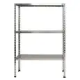 Scaffale inox a bullone - Elemento base - Altezza cm 150 - 3 ripiani forati spessore cm 2,5 inox 8/10 - completi di bulloni e piedini plastica - bordi antitaglio - finitura lucida - predisposto per fissaggio a muro