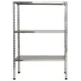 Scaffale inox a bullone - Elemento base - Altezza cm 150 - 3 ripiani lisci spessore cm 2,5 inox 8/10 - completi di bulloni e piedini plastica - bordi antitaglio - finitura lucida - predisposto per fissaggio a muro