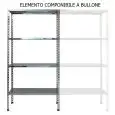 Scaffale inox a bullone - Elemento componibile (da comporre con elemento base) - Altezza cm 180 - 4 ripiani lisci spessore cm 2,5 inox 8/10 - completi di bulloni e piedini plastica - bordi antitaglio - finitura lucida - predisposto per fissaggio a muro