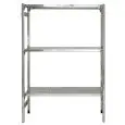 Scaffale inox a gancio - Elemento base - Altezza cm 150 - 3 ripiani forati spessore cm 2,5 inox 8/10 - completi di traverso di rinforzo e piedini plastica - bordi antitaglio - finitura lucida - predisposto per fissaggio a muro