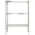 Scaffale inox a gancio - Elemento base - Altezza cm 150 - 3 ripiani lisci spessore cm 2,5 inox 8/10 - completi di traverso di rinforzo e piedini plastica - bordi antitaglio - finitura lucida - predisposto per fissaggio a muro