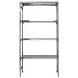 Scaffale inox a gancio - Elemento base - Altezza cm 200 - 4 ripiani forati spessore cm 2,5 inox 8/10 - completi di traverso di rinforzo e piedini plastica - bordi antitaglio - finitura lucida - predisposto per fissaggio a muro