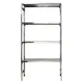 Scaffale inox a gancio - Elemento base - Altezza cm 180 - 4 ripiani lisci spessore cm 2,5 inox 8/10 - completi di traverso di rinforzo e piedini plastica - bordi antitaglio - finitura lucida - predisposto per fissaggio a muro