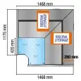 Espositore refrigerato angolo 90° AC (chiuso) con riserva a sportelli con vetro dritto - Canalizzabile - Potenza W 470 - Superficie d'esposizione mq 1,44 - Dimensione riserva lt 100 - Sportelli riserva refrigerata n 2 cm 44 x 23,5 - Dimensioni cm L 146,8 